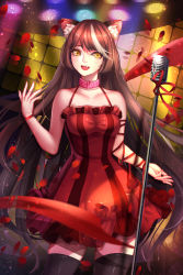 Rule 34 | 1girl, animal ears, arm ribbon, bare shoulders, belt, black thighhighs, brown hair, cat ears, cat girl, choker, collarbone, cowboy shot, dress, fang, highres, long hair, looking at viewer, microphone stand, multicolored hair, music, open mouth, petals, red dress, ribbon, short dress, singing, smile, solo, streaked hair, striped clothes, striped dress, syuka (sunnypigling), thighhighs, vertical-striped clothes, vertical-striped dress, very long hair, white hair, yellow eyes, zettai ryouiki