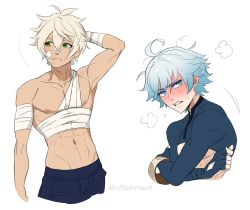 Rule 34 | 2boys, ahoge, arm behind head, armpits, bad id, bad twitter id, bandaged arm, bandages, bandaid, bandaid on face, bandaid on nose, bangle, bennett (genshin impact), blue eyes, blue hair, blush, bracelet, chongyun (genshin impact), closed eyes, collarbone, commentary, english commentary, fingerless gloves, genshin impact, gloves, green eyes, hair between eyes, highres, jewelry, long sleeves, looking to the side, male focus, multiple boys, navel, nipples, open mouth, pectorals, ruffishpng, scar, scar on arm, scar on stomach, short hair, shrug (clothing), simple background, steam, steaming body, sweat, toned, topless male, white background, white hair