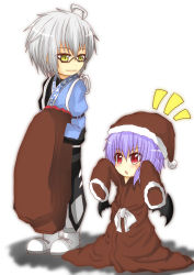 Rule 34 | 1boy, 1girl, :o, ahoge, alternate costume, arm belt, arms up, bat wings, boots, eyes visible through hair, glasses, hands in opposite sleeves, hat, japanese clothes, light purple hair, long sleeves, looking at another, morichika rinnosuke, oversized clothes, parted lips, red eyes, remilia scarlet, rinnku, santa costume, santa hat, semi-rimless eyewear, shadow, short hair, silver hair, simple background, standing, touhou, under-rim eyewear, v-shaped eyebrows, white background, wings, yellow eyes