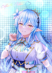 Rule 34 | 1girl, ahoge, blue background, blue bow, blue bowtie, blue corset, blue hair, blue nails, blue sash, blush, bow, bowtie, breasts, colored inner hair, commentary request, corset, english text, flower, hair between eyes, hair flower, hair ornament, hand up, heart, heart ahoge, highres, hololive, hololive idol uniform (bright), jacket, ken-ji, large breasts, long hair, multicolored bow, multicolored hair, multicolored sash, official alternate costume, parted lips, pointy ears, sash, shirt, short sleeves, smile, solo, streaked hair, underbust, upper body, virtual youtuber, white bow, white hair, white jacket, white sash, white shirt, yellow eyes, yukihana lamy