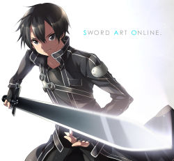 Rule 34 | 10s, 1boy, bad id, bad pixiv id, black eyes, black hair, copyright name, fingerless gloves, gloves, highres, holding, kirito, looking at viewer, male focus, smile, solo, sword, sword art online, weapon, yamaki suzume