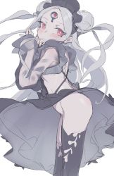 Rule 34 | 1girl, abigail williams (fate), abigail williams (swimsuit foreigner) (fate), abigail williams (swimsuit foreigner) (first ascension) (fate), black dress, black thighhighs, blush, bottomless, closed mouth, colored skin, double bun, dress, fate/grand order, fate (series), frills, grey hair, grey skin, hair bun, highres, keyhole, long hair, long sleeves, nemo (leafnight), pale skin, pink eyes, see-through, solo, thighhighs, third eye, very long hair