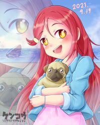 Rule 34 | 1girl, animal, artist name, artist request, bird, blue jacket, blue sky, blush, bracelet, breasts, brown eyes, brown hair, cloud, collarbone, collared jacket, day, dog, dress, female focus, hair between eyes, hair ornament, hairclip, highres, holding, holding animal, holding dog, jacket, jewelry, long hair, long sleeves, looking at viewer, love live!, love live! school idol festival, love live! sunshine!!, outdoors, parted lips, pink dress, plaid, plaid dress, pleated, pleated dress, red hair, sakurauchi riko, sky, small breasts, smile, solo, upper body, yellow eyes