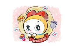 Rule 34 | animal collar, bell, black eyes, blush stickers, border, bow, bright pupils, cat, closed mouth, collar, cup, dated, doradorakingyo, doraemon, dorami, eyelashes, flower, food, looking to the side, mug, neck bell, no humans, omelet, red bow, smile, solo, twitter username, wand, white border, white flower, white pupils