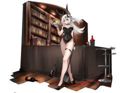 Rule 34 | 1girl, absurdres, alcohol, animal ears, arknights, bar (place), black leotard, breasts, cleavage, fake animal ears, gloves, highres, horns, large breasts, legs together, leotard, maria (syake-uni), mudrock (arknights), playboy bunny, pointy ears, rabbit ears, red eyes, solo, standing, thigh strap, tray, white hair
