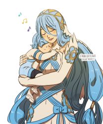 Rule 34 | 1boy, 1girl, artist name, azura (fire emblem), beamed quavers, blue hair, carrying, child, child carry, darkgreyclouds, dress, elbow gloves, closed eyes, fingerless gloves, fire emblem, fire emblem fates, gloves, headdress, long hair, mother and son, music, musical note, nintendo, open mouth, quaver, shigure (fire emblem), singing, sleeping, very long hair, white dress, aged down