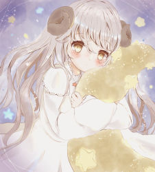 Rule 34 | 1girl, animal ears, brown eyes, crescent moon, dress, feerie, horns, jewelry, looking at viewer, moon, necklace, nightgown, hugging object, original, pale skin, sheep, sheep ears, sheep girl, sheep horns, silver hair, sky, solo, star (sky), star (symbol), starry sky, white dress