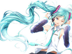 Rule 34 | 1girl, aqua eyes, aqua hair, detached sleeves, hatsune miku, headset, highres, long hair, minamito, necktie, solo, twintails, very long hair, vocaloid, white background, wink