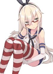 Rule 34 | 1girl, alakoala, animal ears, bespectacled, blonde hair, breasts, glasses, highres, kantai collection, long hair, medium breasts, rabbit ears, sailor collar, semi-rimless eyewear, shimakaze (kancolle), sitting, solo, striped clothes, striped thighhighs, thighhighs, under-rim eyewear, very long hair