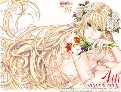 Rule 34 | 1girl, blue eyes, braid, breasts, closed mouth, completely nude, cover, fingernails, floating hair, flower, from side, hair between eyes, hair flower, hair ornament, highres, hiyoshi hana, holding, holding flower, large breasts, long hair, looking at viewer, looking to the side, magazine cover, nail polish, nude, original, pink nails, purple flower, purple tulip, red flower, simple background, smile, solo, stitched, third-party edit, tulip, very long hair, white background, white flower