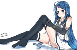 Rule 34 | adjusting clothes, adjusting legwear, ahoge, black gloves, black thighhighs, blue hair, blue neckerchief, blue sailor collar, blush, collarbone, dated, elbow gloves, embarrassed, eyebrows, full body, gloves, gradient hair, kantai collection, long hair, multicolored hair, neckerchief, no shoes, open mouth, sailor collar, samidare (kancolle), school uniform, serafuku, shadow, shirt, simple background, sitting, sleeveless, sleeveless shirt, solo, swept bangs, thighhighs, twitter username, very long hair, white background, white serafuku, yasuda katsunori, zettai ryouiki