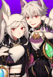 Rule 34 | 1boy, 1girl, animal ears, animal hands, closed mouth, collar, commentary request, dragonstone, fake animal ears, fang, fire emblem, fire emblem awakening, fire emblem heroes, fur trim, gem, gloves, grima (fire emblem), hair between eyes, halloween, halloween costume, highres, long hair, looking at viewer, nintendo, official alternate costume, open mouth, paw gloves, peach11 01, purple background, red eyes, robin (female) (fire emblem), robin (female) (halloween) (fire emblem), robin (fire emblem), robin (male) (fire emblem), robin (male) (halloween) (fire emblem), short hair, simple background, smile, swept bangs, twintails, white hair, wolf ears