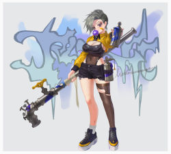 Rule 34 | 1girl, aiming, aiming at viewer, asymmetrical legwear, bad id, bad twitter id, bandaid, bandaid on face, black thighhighs, breasts, blowing bubbles, can, chewing gum, cleavage, covered navel, dripping, earrings, eyebrow piercing, eyeshadow, fingernails, full body, graffiti, grey hair, highres, holding, holding can, holding smoking pipe, holding weapon, industrial pipe, jewelry, leotard, leotard under clothes, lightning bolt earrings, lightning bolt symbol, makeup, mismatched legwear, original, paint, paint can, paint stains, piercing, purple eyes, screw, shoes, short hair, shrug (clothing), single earring, smoking pipe, sneakers, socks, soha (littlesummerpe), solo, spray can, stain, standing, thighhighs, torn clothes, torn legwear, valve, weapon, white socks, zipper