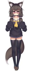 Rule 34 | 1girl, animal ear fluff, animal ears, black hair, black thighhighs, cardigan, choker, closed mouth, fox ears, fox tail, full body, highres, kutan, loafers, long hair, looking at viewer, original, pleated skirt, red eyes, school uniform, semi-rimless eyewear, serafuku, shoes, simple background, skirt, sleeves past wrists, solo, standing, tail, thighhighs, white background
