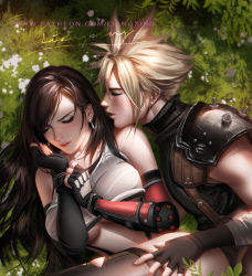 Rule 34 | 1boy, 1girl, armor, black hair, black thighhighs, black undershirt, blonde hair, breasts, closed eyes, cloud strife, earrings, elbow gloves, final fantasy, final fantasy vii, final fantasy vii remake, fingerless gloves, gloves, grass, hetero, jewelry, large breasts, liang xing, out-of-frame censoring, pauldrons, shoulder armor, signature, single pauldron, spiked hair, square enix, tagme, tank top, thighhighs, tifa lockhart, torn clothes, torn legwear, underboob, white tank top