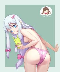 Rule 34 | 10s, 1girl, absurdres, ass, blue eyes, bow, breasts, cellphone, cowboy shot, dated, eromanga sensei, from behind, hair bow, heart, heart panties, heart print, highres, izumi sagiri, long hair, looking at viewer, looking back, low-tied long hair, medium breasts, nipples, open mouth, panties, phone, pink bow, pink panties, print panties, selfie, silver hair, smartphone, solo, topless, underwear, underwear only, very long hair, yao xiao man