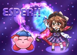 Rule 34 | 1girl, baseball cap, blush, bow, brown eyes, brown hair, cape, crossover, glasses, gloves, hat, hat bow, kirby, kirby (series), letterboxed, long sleeves, low twintails, open mouth, plaid, plaid skirt, plaid vest, pote (ptkan), red-framed eyewear, short hair, skirt, skirt set, spoon bending, touhou, twintails, usami sumireko, vest, white bow, white gloves