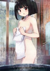 Rule 34 | 1girl, :o, akemiho tabi nikki, black hair, blunt bangs, blush, blush stickers, bob cut, breasts, collarbone, commentary, completely nude, covering privates, covering breasts, covering crotch, cowboy shot, embarrassed, fukube tamaki, groin, highres, holding, holding towel, kouno hikaru, looking at viewer, looking to the side, naked towel, nude, nude cover, onsen, open mouth, original, paid reward available, red eyes, shampoo bottle, short hair, small breasts, solo, standing, steam, towel, wading, wooden wall