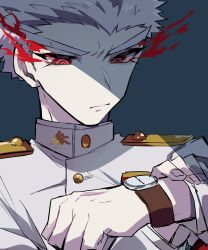 Rule 34 | 1boy, blue background, buttons, clenched hand, closed mouth, collar, commentary request, danganronpa (series), danganronpa: trigger happy havoc, epaulettes, expressionless, flaming eyes, gakuran, hand on own arm, hands up, highres, holding own arm, ishimaru kiyotaka, long sleeves, looking at watch, looking down, male focus, mandarin collar, nekoma hikaru, red eyes, school uniform, simple background, sleeves rolled up, solo, spoilers, thick eyebrows, upper body, watch, white gakuran, white hair, wristwatch