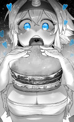 Rule 34 | 1girl, absurdres, bandeau, blue eyes, blush, breasts, burger, cleavage, crossed bangs, food, hairband, heart, highres, holding, holding food, horns, kirin (armor), large breasts, medium hair, monster hunter (series), niwarhythm, open mouth, saliva, sidelocks, single horn, solo, sparkle, spot color, uvula, wide-eyed