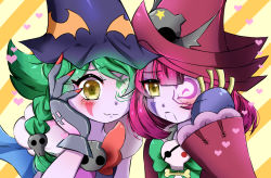 Rule 34 | 2girls, abyss actor leading lady, abyss actor twinkle littlestar, blush, body markings, bow, demon, demon girl, duel monster, facial tattoo, green hair, green ribbon, hat, heart, looking at viewer, multiple girls, one-eyed, pink hair, pink headwear, purple headwear, red ribbon, ribbon, single eye, skull, tattoo, yellow eyes, yu-gi-oh!, yu-gi-oh! duel monsters