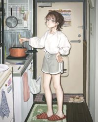 Rule 34 | 1girl, bad id, bad twitter id, blush, brown hair, door, frying pan, full body, grey shorts, hand on own hip, highres, long hair, long sleeves, original, plate, pot, red footwear, shirt, shoes, unworn shoes, shorts, slippers, solo, standing, stirring, utsuwa0120, white shirt