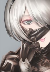 Rule 34 | 1girl, 2b (nier:automata), :p, black dress, black hairband, blindfold, blindfold lift, cleavage cutout, clothing cutout, dress, eyelashes, green eyes, grey background, hair between eyes, hair over one eye, hairband, juliet sleeves, katou takaaki, long sleeves, nier:automata, nier (series), no mole, one eye covered, portrait, puffy sleeves, ribbed dress, short hair, simple background, solo, tongue, tongue out, turtleneck, upper body, white hair