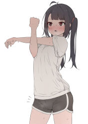Rule 34 | 1boy, absurdres, ahoge, akaihoppe, averting eyes, black hair, black shorts, blush, bulge, commentary request, cowboy shot, cross-body stretch, dolphin shorts, highres, long hair, male focus, notice lines, open mouth, original, red eyes, shirt, short shorts, short sleeves, shorts, sidelocks, simple background, solo, standing, sweat, trap, twintails, white background, white shirt