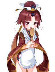 Rule 34 | 1girl, :d, apron, benienma (fate), blush, brown eyes, brown hair, brown hat, brown kimono, commentary request, fate/grand order, fate (series), flying sweatdrops, hat, highres, holding, holding spoon, japanese clothes, kimono, kirisame mia, long hair, long sleeves, low ponytail, open mouth, own hands together, parted bangs, ponytail, sidelocks, simple background, smile, solo, spoon, very long hair, white apron, white background, wide sleeves, wooden spoon