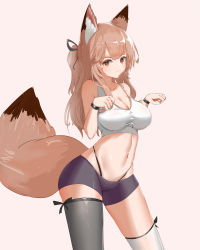 Rule 34 | 1girl, :3, absurdres, alternate costume, animal ear fluff, animal ears, arknights, asymmetrical legwear, bare shoulders, black ribbon, black shorts, black thighhighs, blush, breasts, brown hair, cleavage, closed mouth, contrapposto, crop top, fox ears, fox girl, fox tail, franka (arknights), hair ribbon, highres, lahz52, large breasts, long hair, looking at viewer, mismatched legwear, navel, one side up, orange eyes, paw pose, pink background, revision, ribbon, short shorts, shorts, simple background, sleeveless, smile, solo, stomach, tail, thighhighs, thong, white thighhighs, wristband