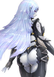 Rule 34 | 1girl, alternate form, ass, blue hair, bodysuit, elma (xenoblade x), from behind, gloves, gonzarez, highres, long hair, looking at viewer, looking back, purple eyes, shiny clothes, shiny skin, skin tight, solo, very long hair, xenoblade chronicles (series), xenoblade chronicles x