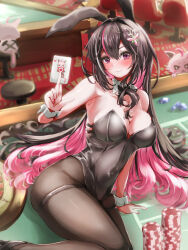 Rule 34 | 0806ohji, 1girl, 2others, ace (playing card), ace of hearts, alternate costume, animal ears, azki (hololive), bare shoulders, black hair, black leotard, blush, bow, bowtie, breasts, card, casino, casino card table, cleavage, colored inner hair, detached collar, dress, fake animal ears, hair between eyes, hair ornament, heart, highleg, highleg leotard, highres, hololive, leotard, long hair, looking at viewer, medium breasts, multicolored hair, multiple others, on table, open mouth, pantyhose, pink hair, pioneer (azki), playboy bunny, playing card, poker chip, purple eyes, rabbit ears, rabbit tail, roulette table, smile, solo focus, strapless, strapless leotard, streaked hair, table, tail, thigh strap, virtual youtuber, wrist cuffs