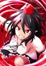 Rule 34 | 1girl, ashiroku (miracle hinacle), black hair, black skirt, breasts, collarbone, collared shirt, frilled skirt, frills, grin, hat, looking at viewer, pointy ears, red background, red hat, shameimaru aya, shirt, short hair, skirt, smile, solo, tokin hat, touhou, v-shaped eyebrows, white shirt