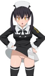 Rule 34 | 1girl, absurdres, black hair, black thighhighs, blush, breasts, cleft of venus, dress, en&#039;en no shouboutai, female focus, hair between eyes, hands on own hips, highres, long hair, looking at viewer, no panties, open mouth, orange eyes, pussy, simple background, sincos, solo, standing, tamaki kotatsu, thighhighs, third-party edit, twintails, uncensored, white background