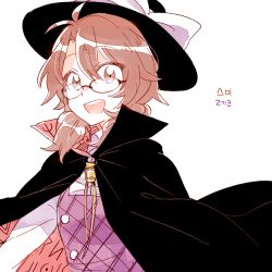 Rule 34 | 1girl, 6 (yuchae), :d, antenna hair, brown eyes, brown hair, cape, collared shirt, dress, glasses, hat, korean text, looking at viewer, open mouth, round teeth, runes, shirt, smile, solo, teeth, text focus, touhou, translation request, usami sumireko