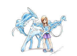 Rule 34 | 1girl, alternate color, artist name, bare shoulders, belt, blue footwear, blue hair, blue shirt, bra, bra strap, breasts, brown eyes, brown hair, closed mouth, creatures (company), female focus, full body, game freak, gen 2 pokemon, grey bra, hands up, happy, head tilt, jewelry, legendary pokemon, long hair, looking at viewer, miniskirt, necklace, nintendo, off-shoulder shirt, off shoulder, original, pokemon, pokemon (creature), purple skirt, red eyes, ribbon, shiny pokemon, shirt, shoes, short sleeves, sidelocks, signature, simple background, skirt, small breasts, smile, standing, straight-on, suicune, supbirdy, swept bangs, traditional media, underwear, very long hair, white background, white ribbon
