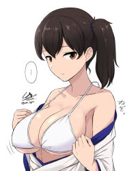 Rule 34 | ..., 1girl, bikini, bikini top only, breasts, brown eyes, brown hair, commentary request, japanese clothes, kaga (kancolle), kantai collection, large breasts, long hair, shigure ryuunosuke, side ponytail, signature, simple background, solo, spoken ellipsis, swimsuit, undressing, upper body, white background, white bikini