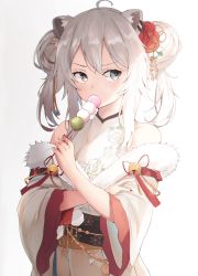 Rule 34 | 1girl, absurdres, ahoge, animal ear fluff, animal ears, bare shoulders, bell, black nails, collarbone, crossed arms, dango, double bun, dress, eating, floral print, flower, food, food in mouth, fur trim, grey eyes, hair between eyes, hair bun, hair flower, hair ornament, highres, holding, holding skewer, hololive, jingle bell, looking to the side, nail polish, noshita (qonneno), obi, off-shoulder dress, off shoulder, peony (flower), red flower, rose, sash, shishiro botan, shishiro botan (new year), sidelocks, silver hair, simple background, skewer, sleeves past elbows, solo, tassel, upper body, v-shaped eyebrows, virtual youtuber, wagashi, white background, white flower, white rose, wide sleeves