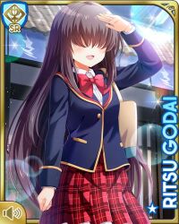 Rule 34 | 1girl, black hair, blazer, blue jacket, bow, bowtie, card (medium), character name, day, girlfriend (kari), godai ritsu, gray leggings, green eyes, hair over eyes, jacket, long hair, official art, open mouth, outdoors, plaid clothes, plaid skirt, qp:flapper, red bow, red skirt, school uniform, shirt, shoes, skirt, smile, tagme, very long hair, white shirt