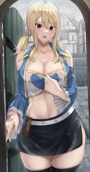 Rule 34 | 1girl, absurdres, amagi korona, bare shoulders, belt, black skirt, black thighhighs, blonde hair, breasts, brown eyes, cleavage, clothes pull, collarbone, commentary request, cowboy shot, crop top, detached sleeves, door, fairy tail, hair between eyes, hand up, head tilt, highres, large breasts, long hair, long sleeves, looking at viewer, low twintails, lucy heartfilia, midriff, navel, open clothes, open mouth, pouch, rain, shirt, shirt pull, side slit, sidelocks, skirt, solo, standing, stomach, thighhighs, twintails, vest, wet, wet clothes, wet hair, white belt, white shirt