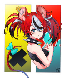 Rule 34 | 1girl, absurdres, animal ears, bandeau, bare arms, bare shoulders, blue eyes, collar, cropped torso, dice hair ornament, from side, hair ornament, hakos baelz, highres, hololive, hololive english, mouse ears, mouse girl, mouse tail, multicolored hair, red hair, ribbon, signature, skin tight, solo, spiked collar, spikes, steepled fingers, streaked hair, tail, tail ornament, tail ribbon, twintails, uneven twintails, virtual youtuber, yukario