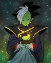 Rule 34 | 10s, 2boys, back-to-back, back turned, black hair, colored skin, dragon ball, dragon ball super, earrings, egyptian clothes, goku black, green skin, grey eyes, jewelry, long sleeves, looking down, male focus, mohawk, multiple boys, official style, out of frame, petagon, pointy ears, ring, smile, spiked hair, star (symbol), starry background, white hair, zamasu