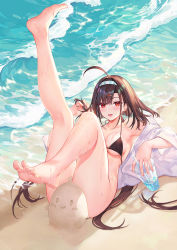Rule 34 | 1girl, :d, ahoge, armpits, ass, atdan, azur lane, bare shoulders, barefoot, beach, bikini, bikini top only, black bikini, bottomless, breasts, brown hair, cleavage, collarbone, convenient censoring, cup, day, disposable cup, drink, drinking straw, feet, hair ornament, hairband, hairclip, halterneck, highres, holding, holding cup, independence (azur lane), knees up, large breasts, leg up, long hair, looking at viewer, low ponytail, manjuu (azur lane), mole, mole on thigh, no panties, ocean, off shoulder, open clothes, open mouth, open shirt, red eyes, shirt, smile, solo, swimsuit, thighs, toes, very long hair, water, waves, wet, white shirt