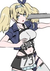 Rule 34 | 1girl, 30-06, :o, blonde hair, blouse, blue eyes, blue shirt, blush, breasts, collared shirt, crop top, gambier bay (kancolle), gambier bay mk ii (kancolle), hairband, highres, kantai collection, large breasts, looking at viewer, shirt, short sleeves, simple background, solo, twintails, white background