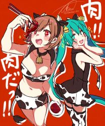 Rule 34 | 2girls, animal costume, animal ears, animal print, aqua eyes, aqua hair, arm up, asagao minoru, beef, black dress, blush, bowl, breasts, brown hair, character name, chopsticks, cleavage, commentary, cow costume, cow ears, cow girl, cow horns, cow print, cow tail, cowboy shot, dress, drooling, ear tag, food, hairband, hands on own cheeks, hands on own face, hatsune miku, highres, holding, holding bowl, holding chopsticks, horns, long hair, meat, medium breasts, meiko (vocaloid), midriff, miniskirt, mouth drool, multiple girls, nail polish, navel, necktie, open mouth, red background, red eyes, red nails, short hair, signature, skirt, smile, sparkling eyes, strapless, tail, thighhighs, translated, tube top, twintails, twitter username, very long hair, vocaloid, white legwear, white skirt