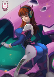 Rule 34 | 1girl, absurdres, acronym, arched back, armor, ass, bodysuit, boots, bracer, breasts, brown eyes, brown hair, character name, closed mouth, d.va (overwatch), facepaint, facial mark, from side, gloves, headphones, highres, huge ass, kneeling, large breasts, leizi, long hair, long sleeves, looking at viewer, mecha, meka (overwatch), overwatch, overwatch 1, pauldrons, pilot suit, ribbed bodysuit, robot, shoulder armor, shoulder pads, skin tight, smile, solo, thigh boots, thigh strap, thighhighs, turtleneck, whisker markings, white footwear, white gloves