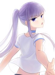 Rule 34 | 1girl, absurdres, back, blue eyes, blush, breasts, choker, coffeekite, contemporary, fate/extra, fate/extra ccc, fate (series), highres, long hair, looking at viewer, looking back, meltryllis (fate), open mouth, outstretched arm, ponytail, purple hair, shirt, short sleeves, small breasts, very long hair, white shirt