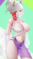 Rule 34 | 1girl, animal ear fluff, animal ears, arknights, bare shoulders, breast hold, breasts, cat ears, cellphone, cleavage, collarbone, green eyes, high ponytail, kal&#039;tsit (arknights), large breasts, looking at viewer, medium hair, navel, off shoulder, omone hokoma agm, phone, sarong, shirt, short ponytail, smile, solo, thighs, tongue, tongue out, white hair, white shirt