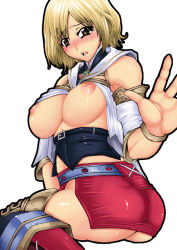 Rule 34 | 00s, 1girl, ashelia b&#039;nargin dalmasca, ass, bare shoulders, blonde hair, blush, bracelet, breasts, covered erect nipples, detached sleeves, female focus, final fantasy, final fantasy xii, flapper shirt, jewelry, large breasts, miniskirt, nipples, red-rum, shirt, short hair, simple background, skirt, solo, square enix, thighhighs, white background, yellow eyes