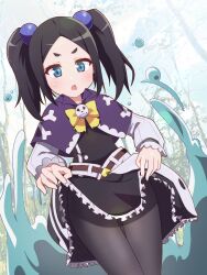 Rule 34 | 1girl, absurdres, black dress, black hair, black pantyhose, blue eyes, blush, bow, capelet, clothes lift, dress, futoku no guild, highres, lifted by self, long hair, open mouth, outdoors, pantyhose, purple capelet, short dress, skirt, skirt lift, slime (creature), solo, standing, sweatdrop, tokishikko dana, tonogai yoshiki, twintails, v-shaped eyebrows, yellow bow